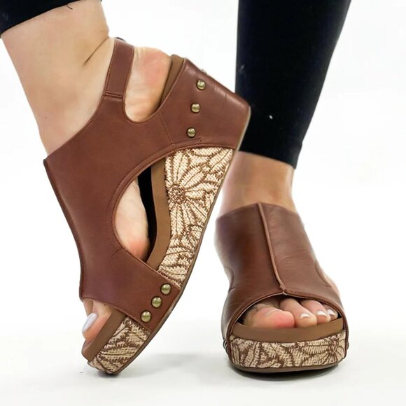 CORKYS Carley Floral Wrap Brown Leather Wedge Sandals 7-10 NWT